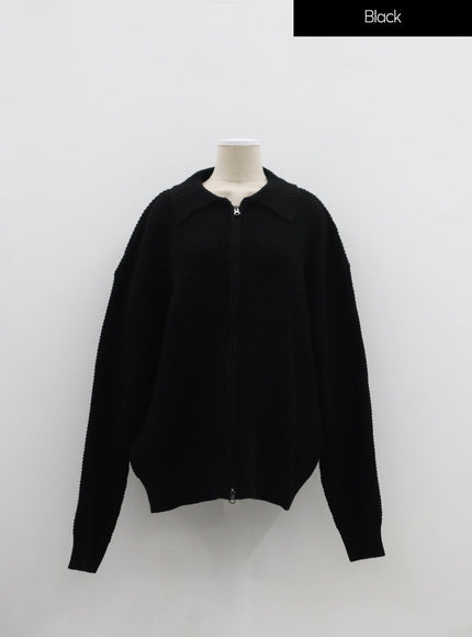 Plus Waffle Pattern Collared Two Way Zip-Up Knit