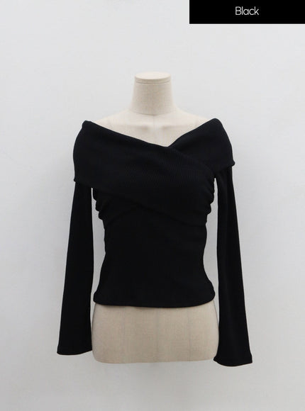 Off-Shoulder Cross Knit Long Sleeve T-Shirt IN07