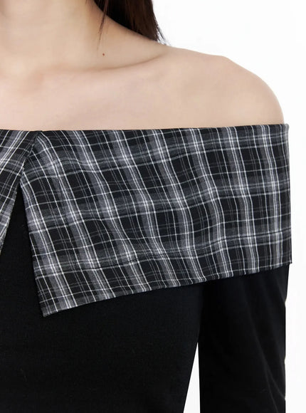 Plaid Off-Shoulder Long Sleeve Top IM523