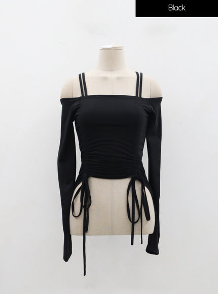Off-Shoulder Double Front Tie Ruched Top IJ304