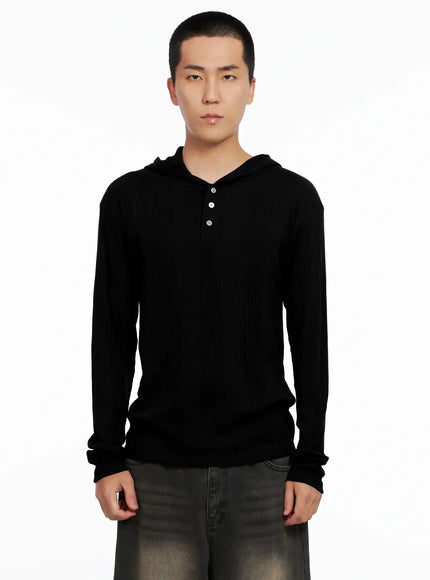 mens-henley-neck-long-sleeve-hoodie-is502 / Black