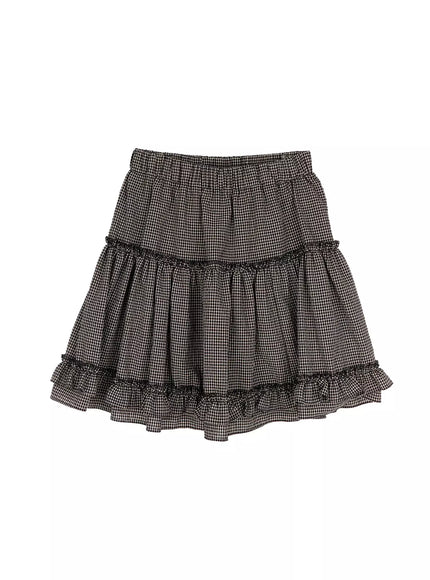 tiered-plaid-frill-midi-skirt-ia523 / Black
