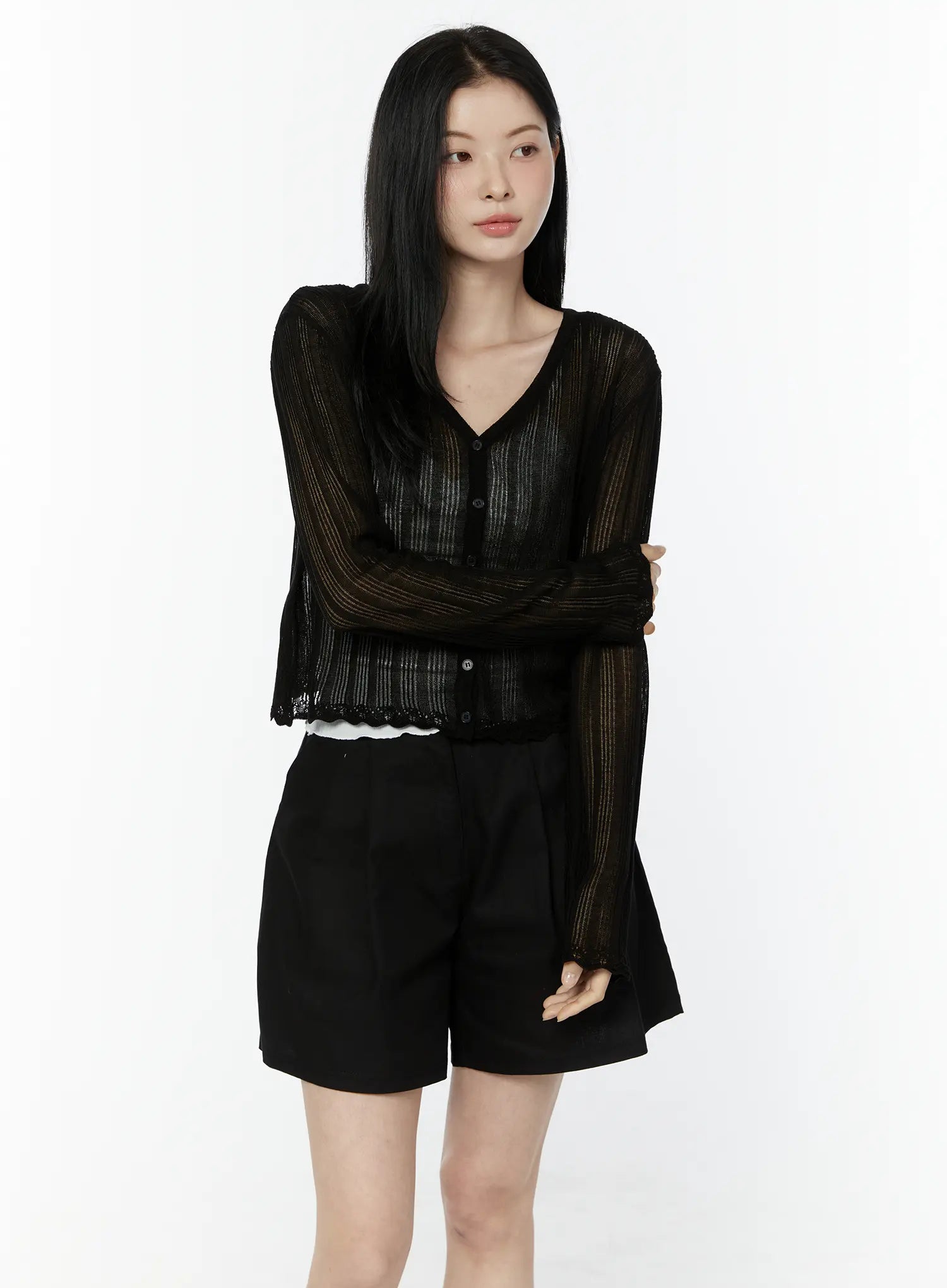 sheer-v-neck-cardigan-iu505 / Black