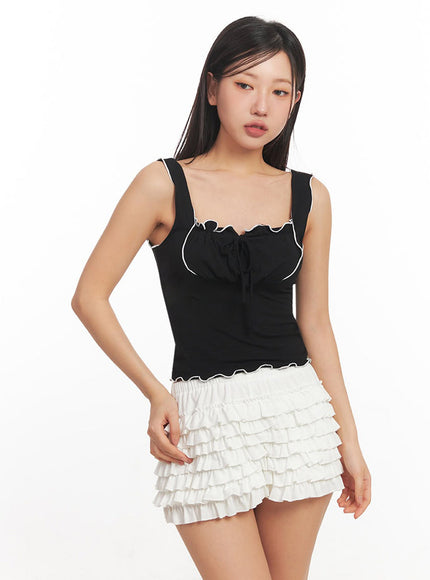 ribbon-frill-square-neck-crop-tank-top-ia524 / Black