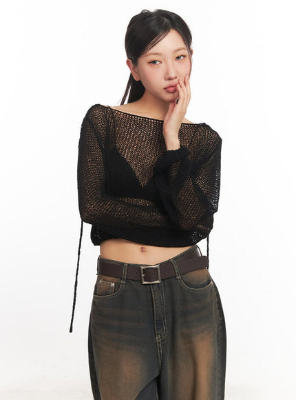mesh-back-strap-knit-crop-top-ia521 / Black