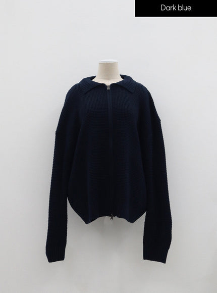 Plus Waffle Pattern Collared Two Way Zip-Up Knit