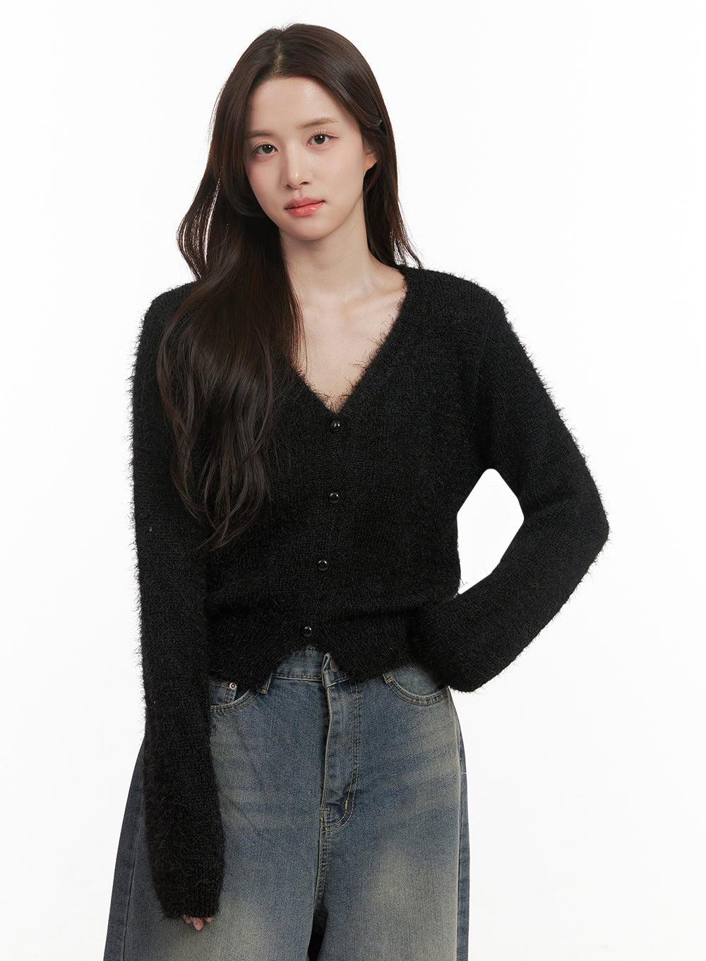 Fuzzy V-Neck Buttoned Crop Cardigan IJ510