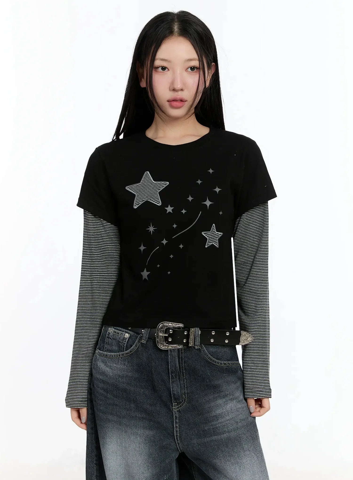 star-themed-layered-sleeve-top-im509 / Black