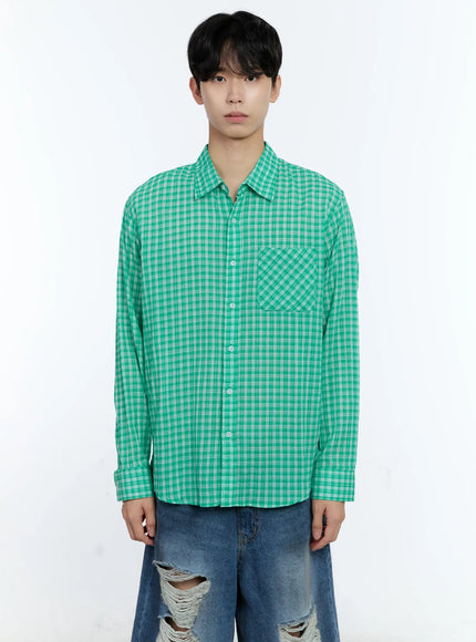 mens-plaid-button-up-top-ig501 / Green