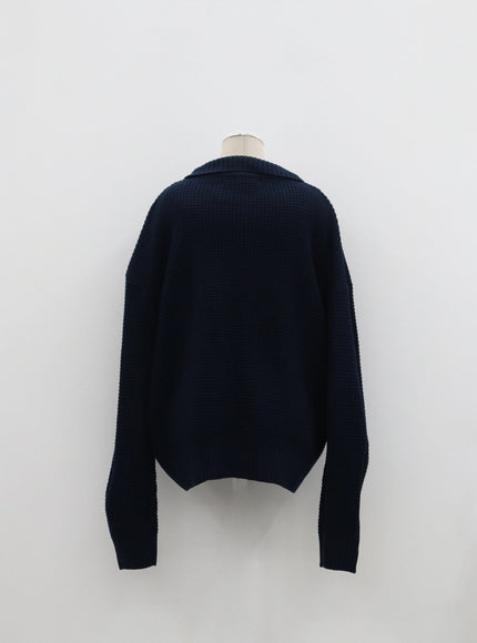 Plus Waffle Pattern Collared Two Way Zip-Up Knit