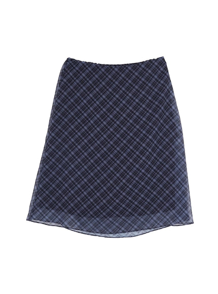 chiffon-flare-plaid-midi-skirt-iy507 / Black