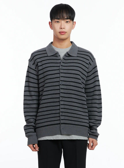 Men's Stripe Knit Collared Cardigan IN518