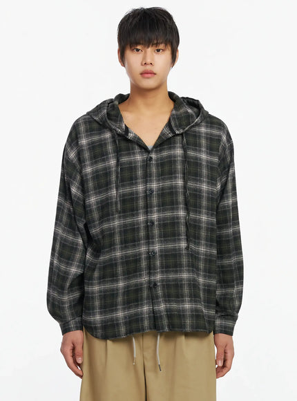 mens-vintage-plaid-hooded-flannel-ij527 / Dark green