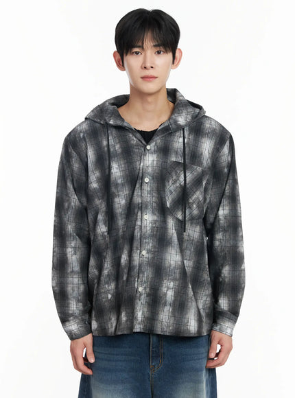 mens-dark-wash-plaid-hooded-flannel-if516 / Black
