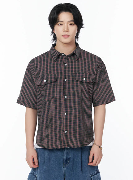 mens-pocket-checkered-short-sleeve-shirt-iy519 / Black