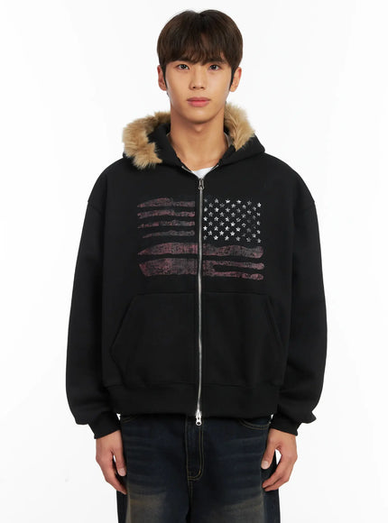mens-flag-graphic-fur-zip-up-hoodie-id511 / Black