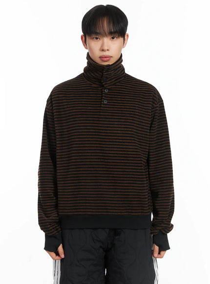 striped-high-neck-fleece-tee-id515 / Brown