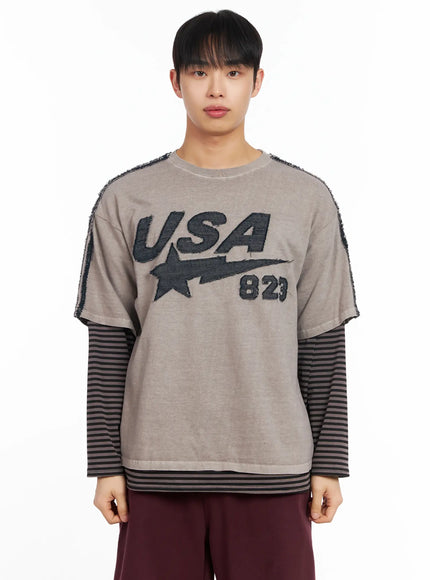 mens-graphic-layered-long-sleeve-t-shirt-im516 / Dark beige
