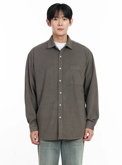 mens-simple-suede-button-up-shirt-ij521 / Dark gray