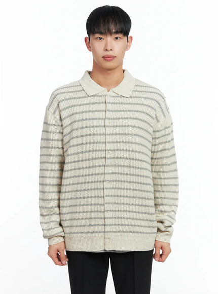 Men's Stripe Knit Collared Cardigan IN518