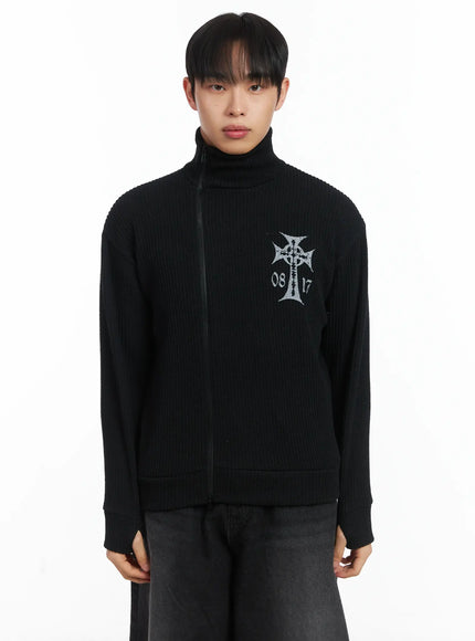 Cross Print High Neck Zip-Up Cardigan ID515