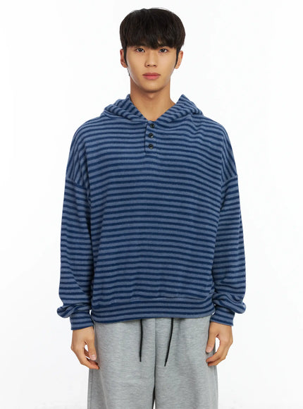 mens-striped-fleece-henley-hoodie-if506 / Blue