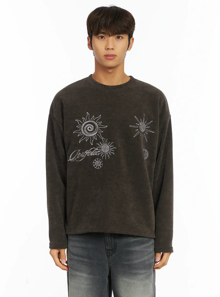 mens-graphic-fleece-long-sleeve-top-ij514 / Dark brown