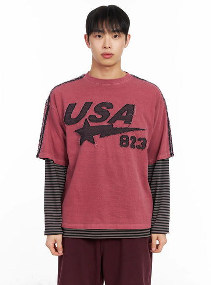 mens-graphic-layered-long-sleeve-t-shirt-im516 / Dark pink