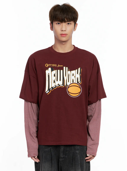 mens-new-york-striped-layered-tee-io502 / Dark red