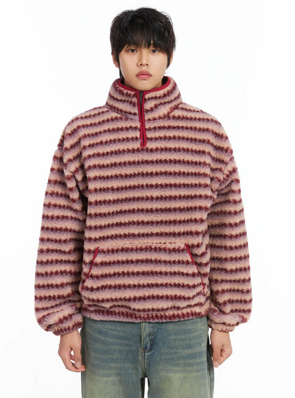 mens-warm-fleece-striped-quarter-zip-up-ij512 / Red