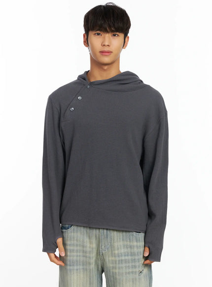 mens-waffle-knit-henley-neck-hoodie-if504 / Dark gray