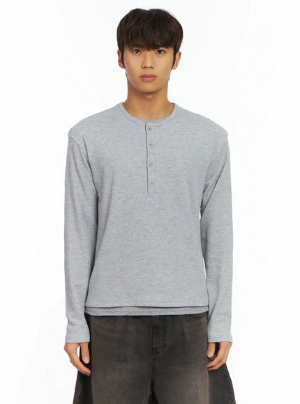 mens-layered-waffle-henley-long-sleeve-shirt-ij514 / Gray