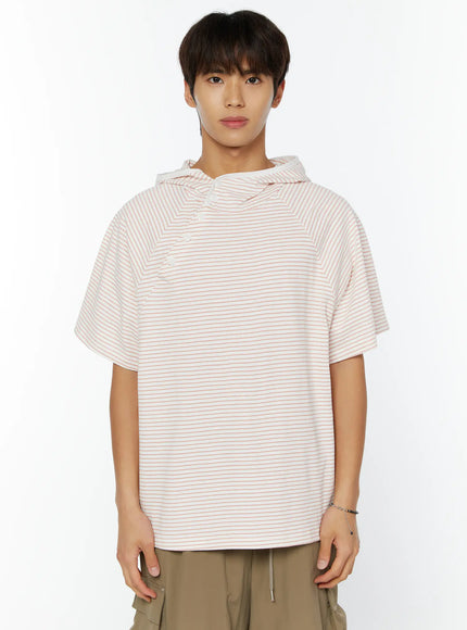 mens-striped-asymmetric-button-hooded-t-shirt-iy508 / Light pink