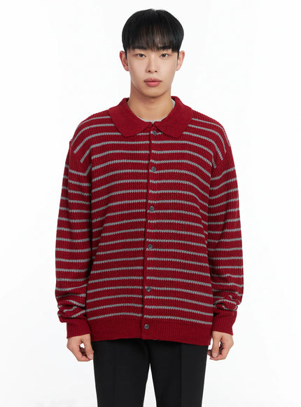 Men's Stripe Knit Collared Cardigan IN518