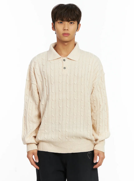 mens-cable-knit-collar-sweater-ij514 / Beige