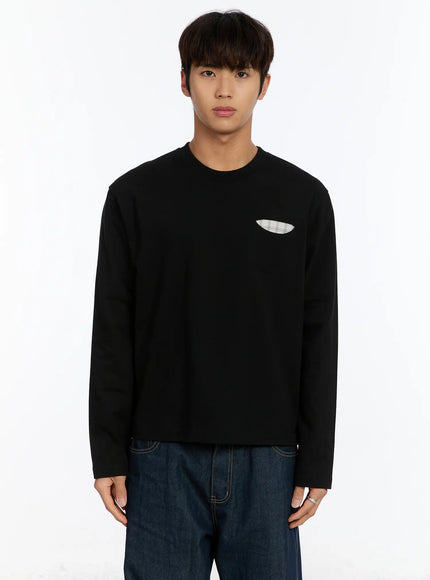 mens-long-sleeve-tee-with-plaid-pocket-im530 / Black