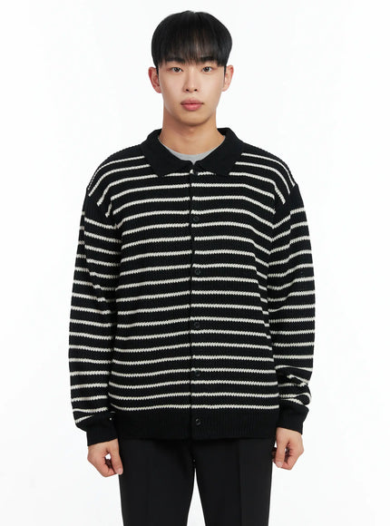 Men's Stripe Knit Collared Cardigan IN518