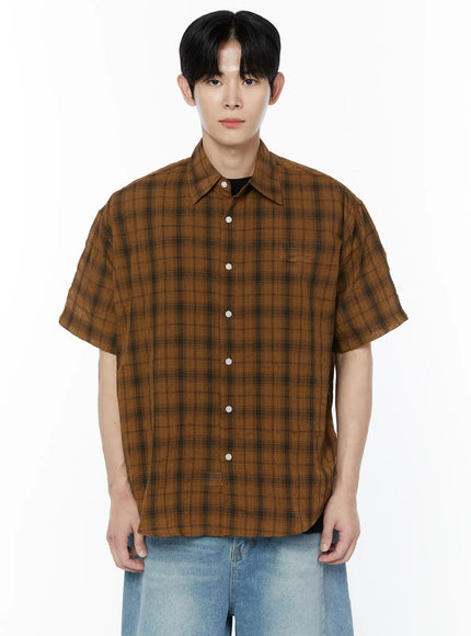 mens-plaid-short-sleeve-shirt-ia527 / Dark beige