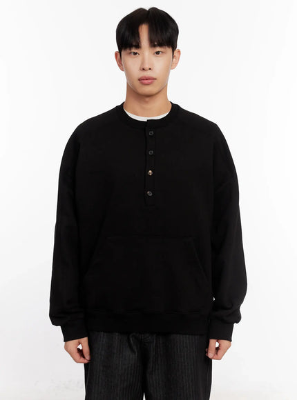 mens-oversized-henley-neck-sweatshirt-io523 / Black