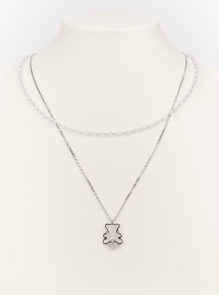 flat-bear-double-layer-necklace-white-im531 / White