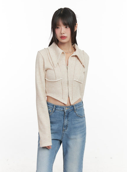 Zip-Up Collared Long-Sleeve Crop Top CJ523