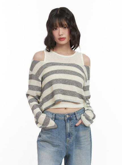 Striped Off-Shoulder Crop Sweater with Tank Top CJ523