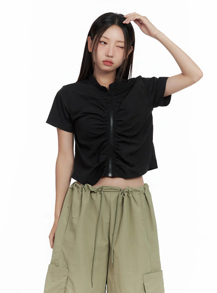 shirred-zip-nylon-short-sleeve-jacket-cl509