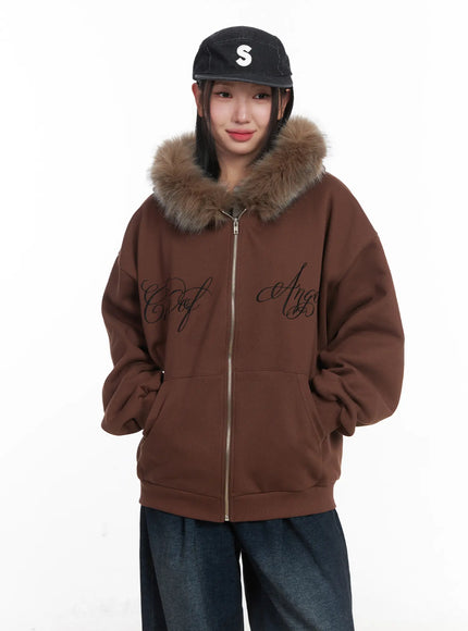 Oversized Faux Fur Fleece Zip-Up Hoodie CD529