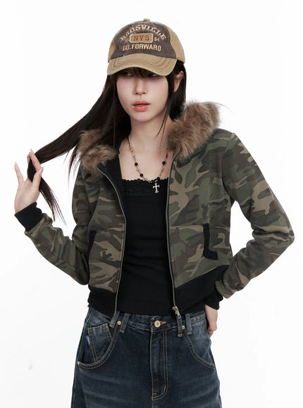 Camo Faux Fur Crop Zip-Up Hoodie CO521