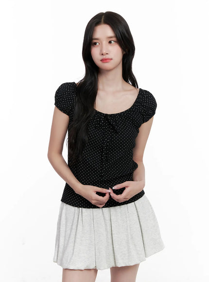 polka-dot-puff-sleeve-ribbon-top-cl516