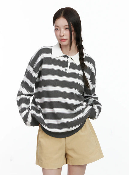 Oversized Striped Long Sleeve Collared Shirt CO503