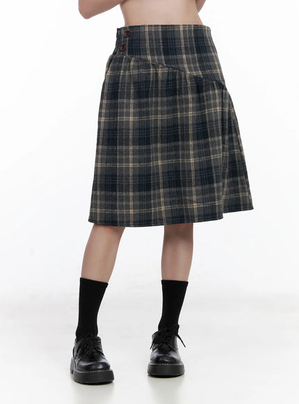 Plaid Button Detail Flare Midi Skirt CJ520