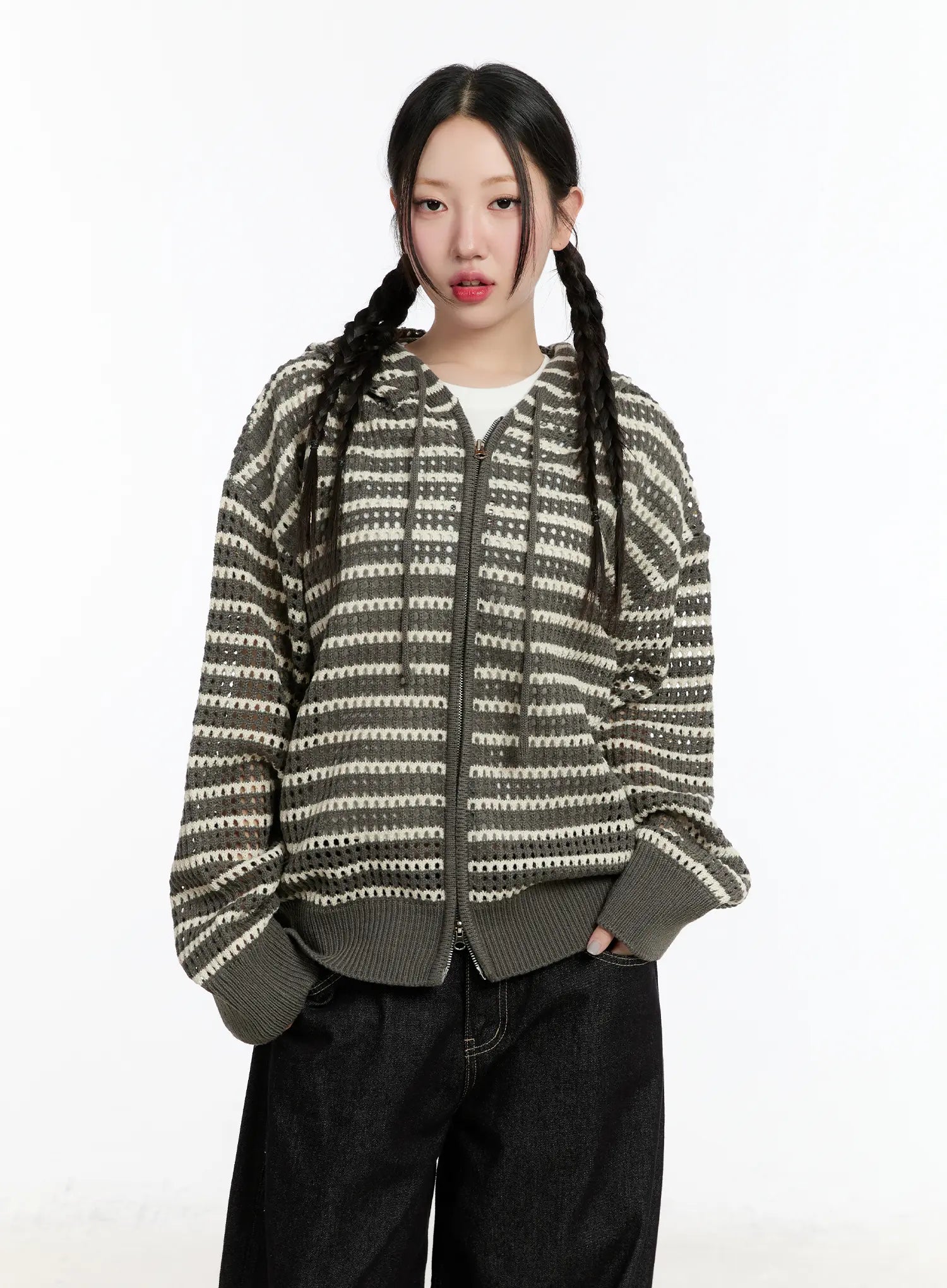 Striped Knit Hooded Cardigan CM511