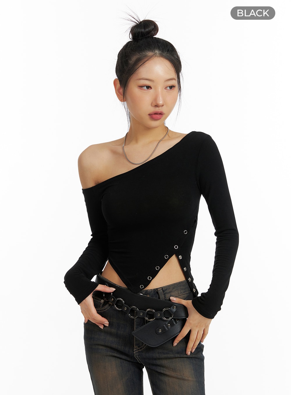 Asymmetrical One-Shoulder Side Cut Long Sleeve CF416 Korean